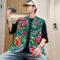 Men's retro Chinese style floral print vest vintage casual sleeveless waistcoat top. - M / Tops / Green