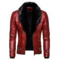 Rode PU lederen heren punk motorjas met afneembare zwarte bontkraag en gewatteerde schouders. - S / Tops / Rood