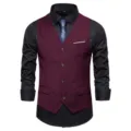 Men's Business Suit Vest Casual Single-Breasted Wine Red Waistcoat with Long Sleeve Shirt - Dark Red
