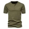 Detailed view of the military green men's short sleeve Henley shirt showcasing fabric texture. - Army Green