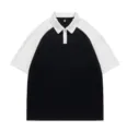 Summer contrast color short sleeve polo shirt, casual loose fit patchwork top for couple wear. - M / Tops / Black