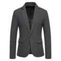 Men's casual woolen plaid blazer, vintage grey single-button suit jacket details. - S / Tops / Dark Gray