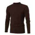 Brown mock turtleneck long sleeve t-shirt, casual basic solid color autumn top wear. - Coffee
