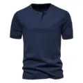 Men's solid color Henley short sleeve T-shirt, casual summer cotton knit top detail. - Navy Blue