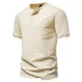 Men's solid color Henley short sleeve t-shirt, casual summer cotton tee shirt top. - Light Yellow