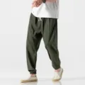 Men's casual linen harem pants summer breathable Chinese style loose fit cotton trousers green - Army Green