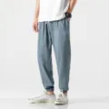 Mens summer casual linen harem pants Japanese style breathable cotton trousers outfit - Light Blue