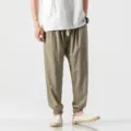 Men's linen casual harem pants summer breathable loose trousers with elastic cuffs main view. - M / Yellow