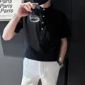 Chemise d'été pour homme en lin à manches courtes col mao avec patte de boutons noire - S / Hauts / Noir