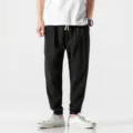 Men's summer casual breathable linen harem pants, loose comfortable black trousers. - M / Bottoms / Black