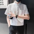 Chemise en lin homme manche courte col mao été décontracté respirant unie haut mode - S / Hauts / Blanc