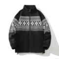 Men's fleece jacket winter autumn ethnic snowflake print casual full zip outerwear coat - M / Tops / Black