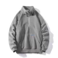 Grey half-zip fleece sweatshirt detail showing collar tag, soft fabric texture and pocket. - S / Tops / Gray