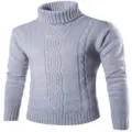 Heren grijs coltrui met kabeltrui patroon, klassieke lange mouw trui detailweergave. - M / Tops / Lichtgrijs