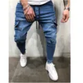 Men's washed denim cargo joggers pants with side pockets, casual streetwear trousers. - S / Blue