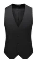Men's slim fit suit vest closeup, featuring V-neck design, 4-button closure and classic pocket details. - M / Tops / Black