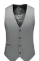 Detail view of men's gray suit vest showcasing buttons and fine pocket craftsmanship. - M / Tops / Gray