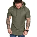 Men's short sleeve hooded t-shirt detail showing fabric texture, drawstring and curved hem. - S / Tops / Army Green