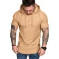 Detail view of men's short sleeve hooded t-shirt in khaki, athletic fit casual top. - S / Tops / Khaki