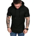 Men Solid Color Hooded Short Sleeve T-Shirt Casual Slim Fit Summer Fashion Clothing - S / Tops / Black