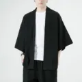Close-up detail of mens cotton linen 7-sleeve casual cardigan lightweight summer jacket top. - M / Tops / Black