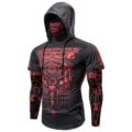 Cyberpunk mens tactical hoodie fitness t-shirt with face mask and printed sleeves. - S / Tops / Gray