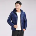 Giacca piumino leggera con cappuccio uomo tinta unita casual caldo cappotto invernale - Blu navy
