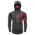 Men's tactical ninja hooded long sleeve t-shirt with face mask and red tribal print fitness top - S / Tops / Gray