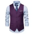 Details of the mens purple suit vest with light blue shirt and tie showing fine button stitching. - Purple