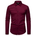 Herren Langarm Hemd Burgunderrot Casual Falten Design Button Down Hemd Herrenmode - S / Oberteile / Burgunderrot