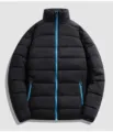 Close-up detail of the black winter puffer jacket featuring a contrast vibrant blue front zipper. - M / Tops / Blue