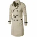 Classic men's beige trench coat detail, double-breasted design with black buttons and belt. - M / Tops / Khaki