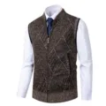 Gilet in maglia marrone da uomo dettaglio, pullover smanicato con colletto alla coreana autunno - Taglia M / Top / Caffè