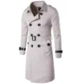 Classic men's double-breasted beige long trench coat featuring a belt and stylish lapel. - M / Tops / Off White