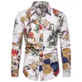 Men's long sleeve floral print button down shirt with retro botanical design details. - M / Tops / White