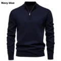Men's solid color mock neck half zipper sweater casual knitwear long sleeve top winter fashion - Navy Blue