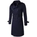 Classic men's long double breasted trench coat in dark blue, slim fit stylish outerwear. - M / Tops / Navy Blue