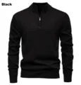 Men's black quarter-zip mock neck knit sweater, slim fit long sleeve pullover casual top. - M / Tops / Black