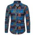Men's Ethnic Print Long Sleeve Casual Shirt Slim Fit Fashion Designer Button Top - M / Tops / Blue