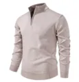 Details of men's half-zip mock neck knit sweater, showing soft texture and premium collar. - M / Tops / Off White