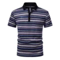 Detailed view of men short sleeve striped polo shirt featuring contrast black collar and buttons. - S / Tops / Style 4