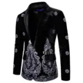Men's black velvet suit jacket with silver embroidery, elegant evening party blazer. - S / Tops / Black