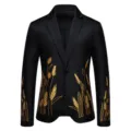 Zwarte heren blazer met gouden tarwe print stijlvolle casual pak jas voor mannen mode - M / Tops / Zwart