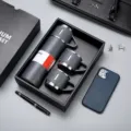 Detail showing 304 stainless steel vacuum flask and cup set in luxury business gift box - 500ml / Grey Set