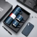 Business gift set featuring a blue 304 stainless steel vacuum flask with three cups. - 500ml / Blue Set