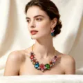 Luxurious colorful crystal jewelry set with floral necklace and earrings for brides - Floral Shape Necklace Earring Set / Multicolor (YZ001)