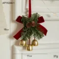 Red velvet Christmas bow hanging ornament with three gold bells and pine branches - Triple Bells Style