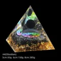 Handcrafted orgonite pyramid featuring black obsidian stones and shimmering gold leaf foil - 5cm Size / A4 Obsidian + Obsidian Chips