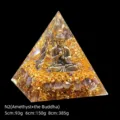 Orgonite crystal pyramid ornament featuring natural amethyst and golden Buddha statue - Buddha Style(N2) / 5cm Size / Purple