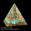 Handmade resin orgone crystal pyramid ornament featuring gold buddha and turquoise stones - 6cm Size / N6 Shiva Blue Turquoise